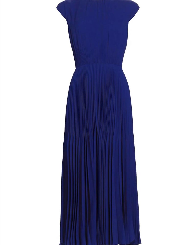 Front of a model wearing a size US10 Cap-Sleeve Pleated Midi-Dress In Blue in Blue by JASON WU. | dia_product_style_image_id:346518